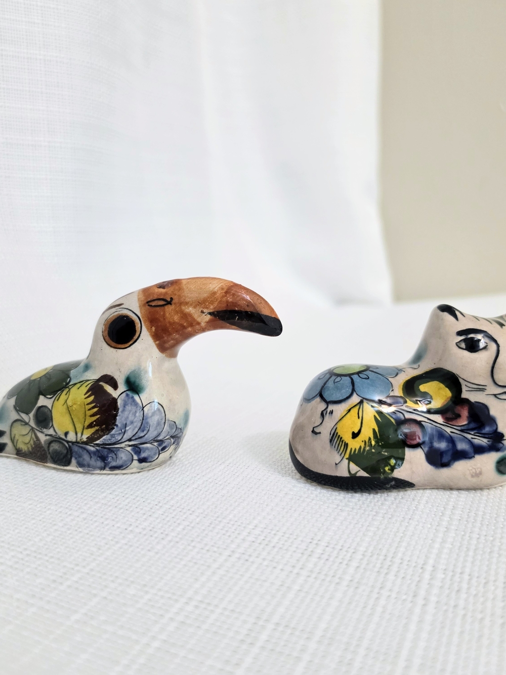 Tonala Art Pottery Cat & Toucan Figurines Blue Green Floral Mexico READ